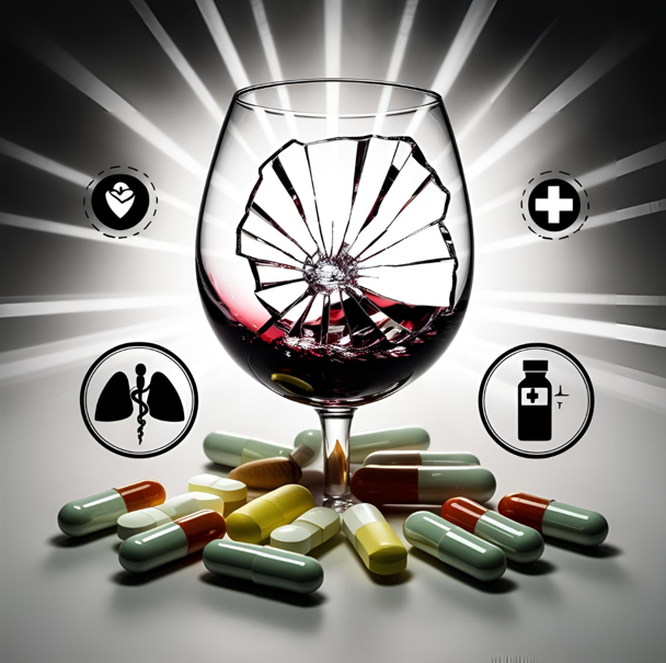 Broken wine glass with pills around it