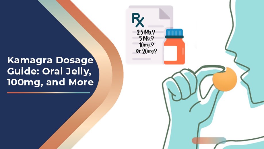 Illustration of person taking Kamagra oral jelly with dosage chart in background