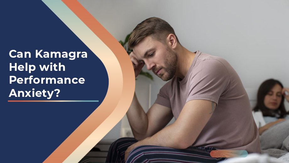 Man experiencing performance anxiety, Kamagra question highlighted