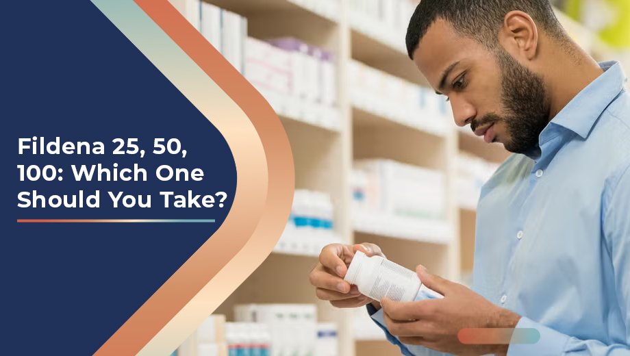 Fildena 25, 50, 100: Which One Should You Take? 1 Man reading medication label, Fildena dosage options question